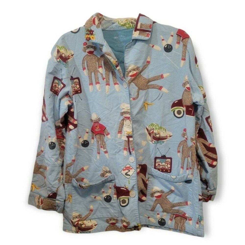 Nick & Nora Women's Small Flannel Pajama Top Shirt Sock Monkeys Bowling TV Blue